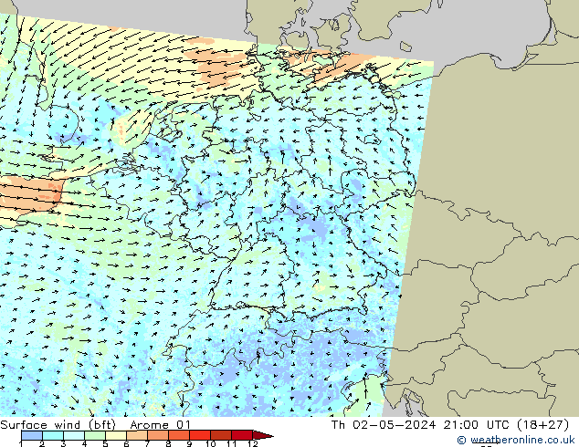 Wind 10 m (bft) Arome 01 do 02.05.2024 21 UTC
