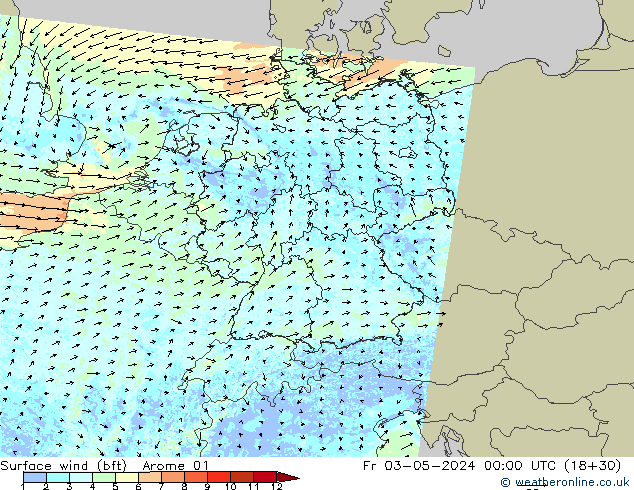 Viento 10 m (bft) Arome 01 vie 03.05.2024 00 UTC