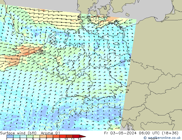 Wind 10 m (bft) Arome 01 vr 03.05.2024 06 UTC