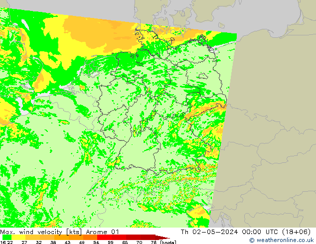 Max. wind velocity Arome 01 Qui 02.05.2024 00 UTC