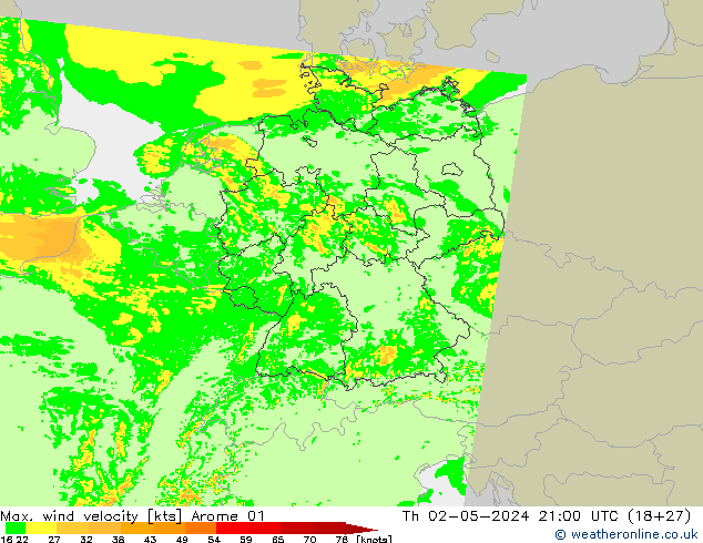 Max. wind velocity Arome 01 Th 02.05.2024 21 UTC