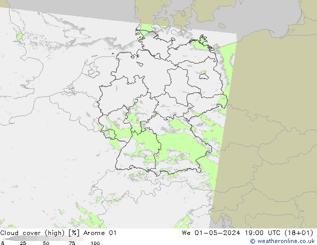 Cloud cover (high) Arome 01 We 01.05.2024 19 UTC