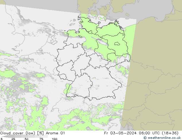 Cloud cover (low) Arome 01 Fr 03.05.2024 06 UTC