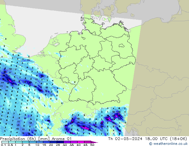 Precipitación (6h) Arome 01 jue 02.05.2024 00 UTC