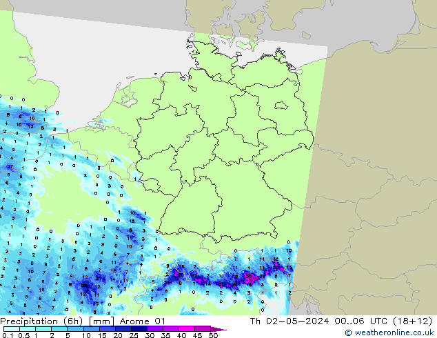 Precipitation (6h) Arome 01 Th 02.05.2024 06 UTC