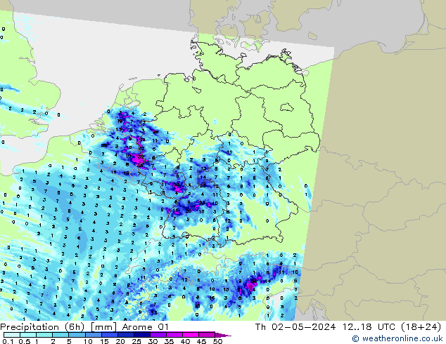 осадки (6h) Arome 01 чт 02.05.2024 18 UTC