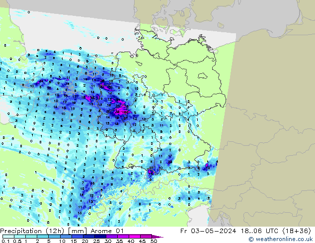 Precipitation (12h) Arome 01 Pá 03.05.2024 06 UTC