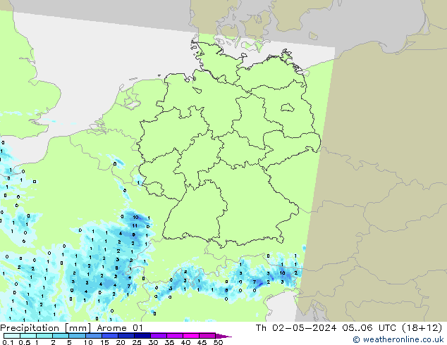 Srážky Arome 01 Čt 02.05.2024 06 UTC