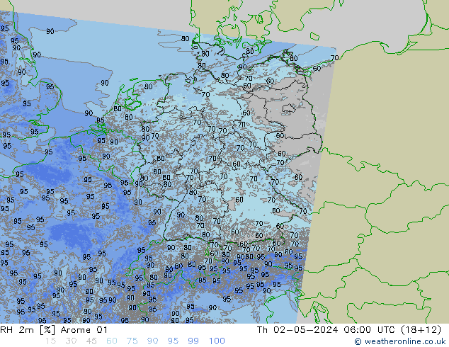 RH 2m Arome 01 Čt 02.05.2024 06 UTC