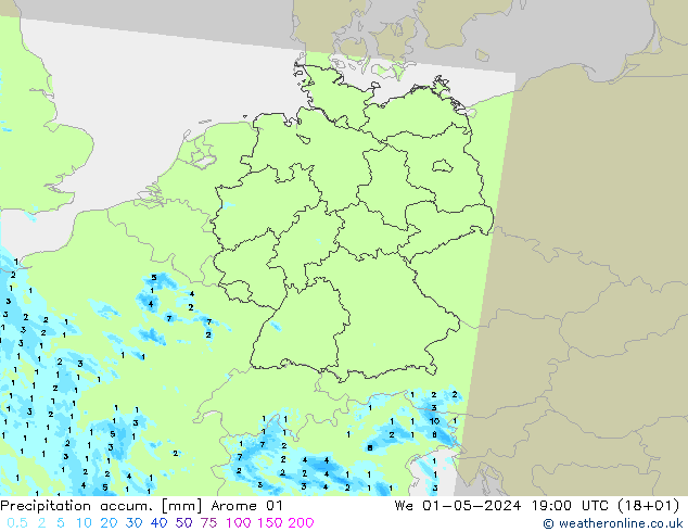 Precipitación acum. Arome 01 mié 01.05.2024 19 UTC