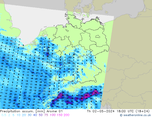 Totale neerslag Arome 01 do 02.05.2024 18 UTC