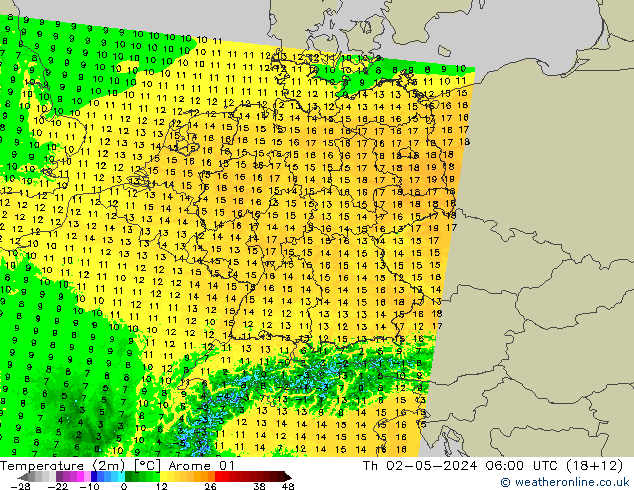 Temperatura (2m) Arome 01 gio 02.05.2024 06 UTC