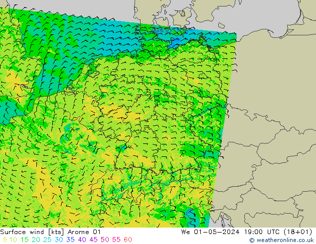 Surface wind Arome 01 We 01.05.2024 19 UTC