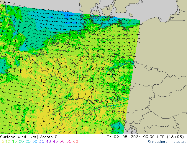 Rüzgar 10 m Arome 01 Per 02.05.2024 00 UTC