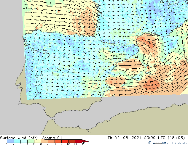 wiatr 10 m (bft) Arome 01 czw. 02.05.2024 00 UTC