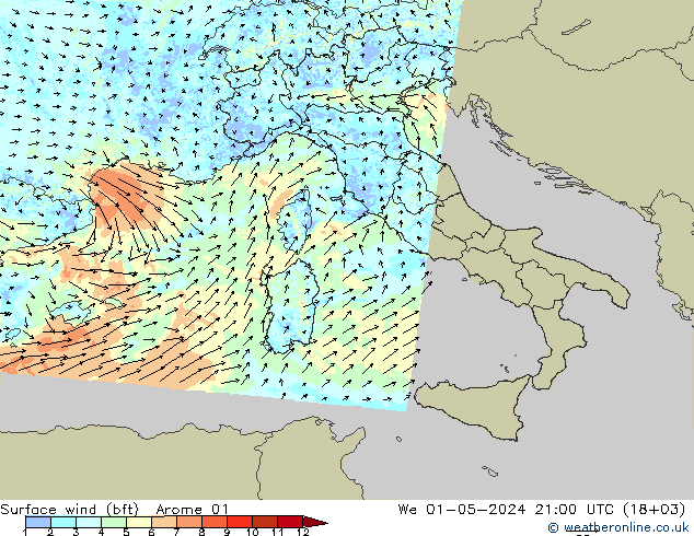 Surface wind (bft) Arome 01 We 01.05.2024 21 UTC