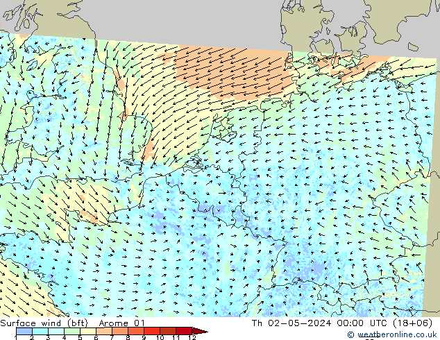 Bodenwind (bft) Arome 01 Do 02.05.2024 00 UTC