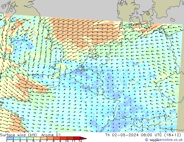 Wind 10 m (bft) Arome 01 do 02.05.2024 06 UTC