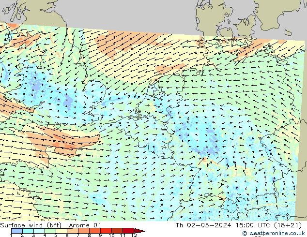 Surface wind (bft) Arome 01 Th 02.05.2024 15 UTC