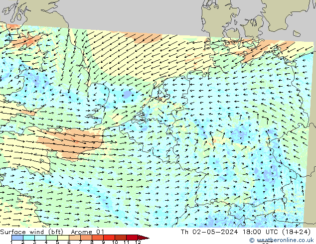 Surface wind (bft) Arome 01 Th 02.05.2024 18 UTC