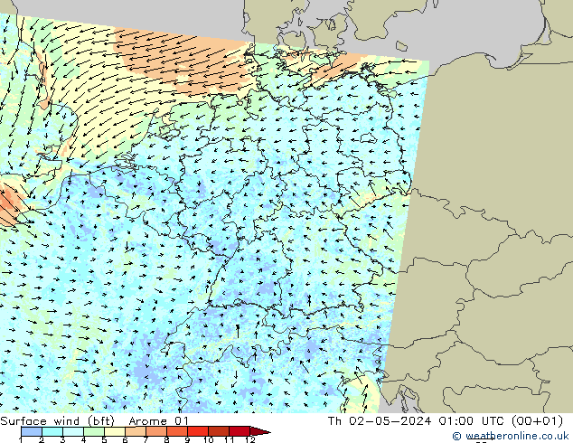 Rüzgar 10 m (bft) Arome 01 Per 02.05.2024 01 UTC