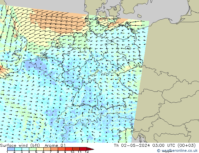 Surface wind (bft) Arome 01 Čt 02.05.2024 03 UTC