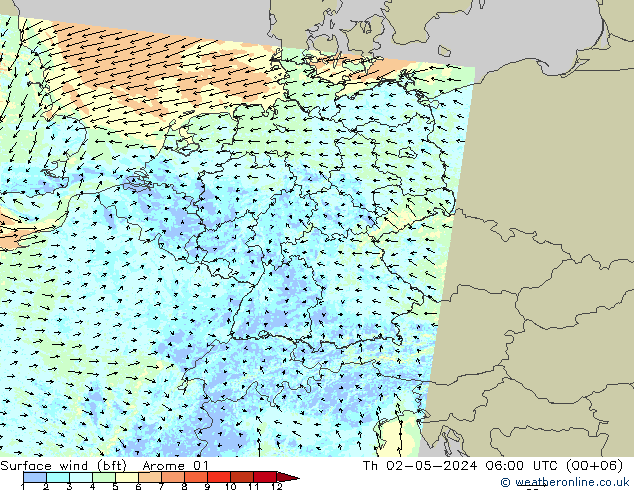 Wind 10 m (bft) Arome 01 do 02.05.2024 06 UTC