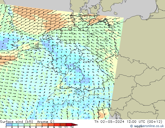 wiatr 10 m (bft) Arome 01 czw. 02.05.2024 12 UTC
