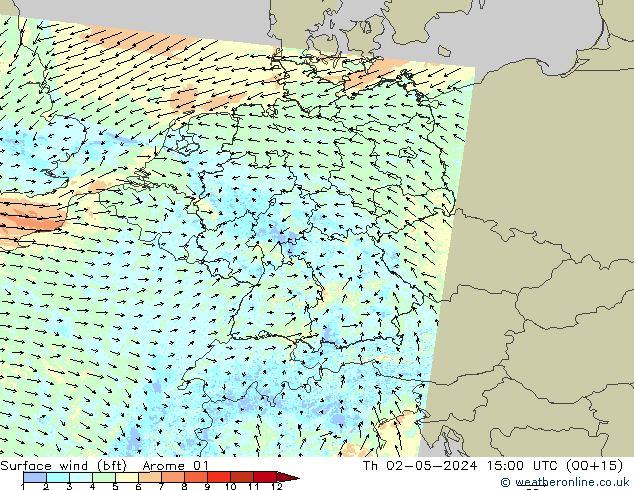 Wind 10 m (bft) Arome 01 do 02.05.2024 15 UTC