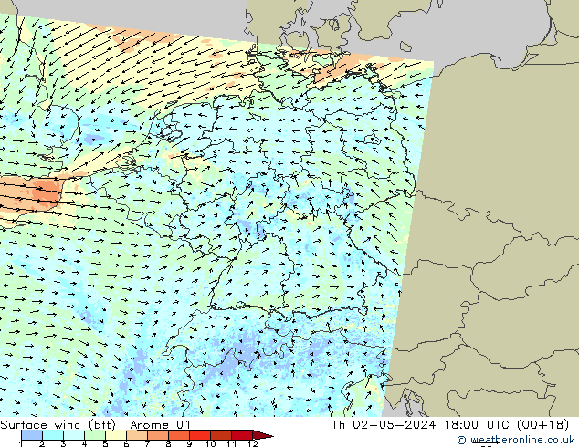 Surface wind (bft) Arome 01 Th 02.05.2024 18 UTC