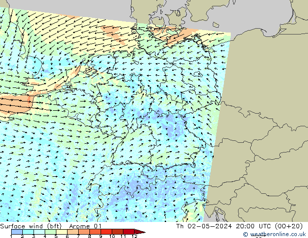 Surface wind (bft) Arome 01 Th 02.05.2024 20 UTC