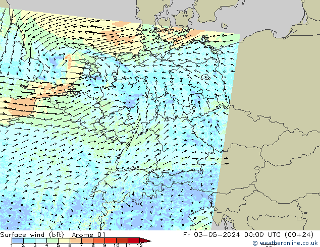 Wind 10 m (bft) Arome 01 vr 03.05.2024 00 UTC