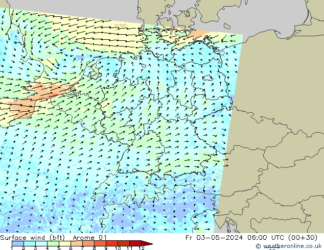 Surface wind (bft) Arome 01 Pá 03.05.2024 06 UTC