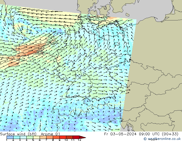 Surface wind (bft) Arome 01 Fr 03.05.2024 09 UTC