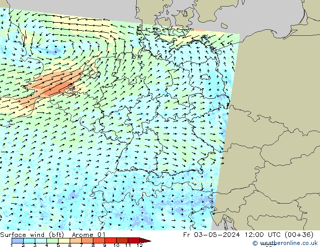 Vento 10 m (bft) Arome 01 Sex 03.05.2024 12 UTC