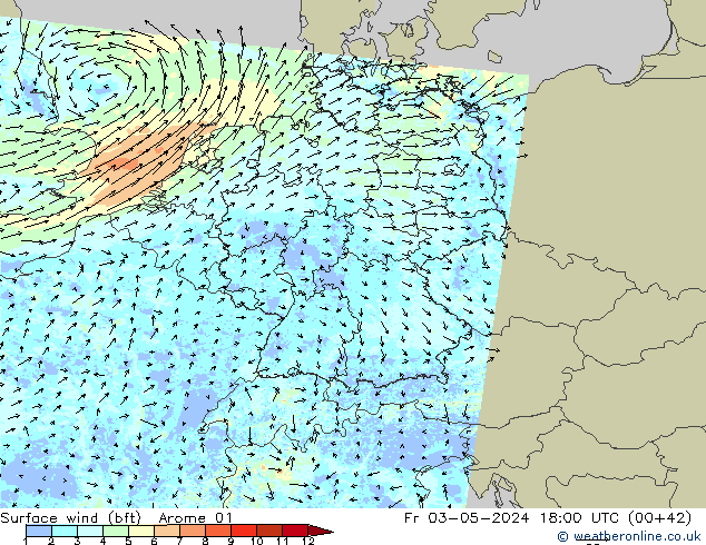 Surface wind (bft) Arome 01 Pá 03.05.2024 18 UTC