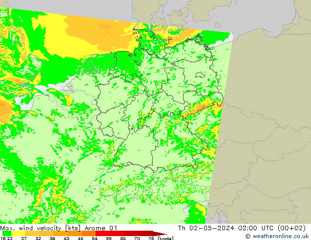 Max. wind velocity Arome 01 czw. 02.05.2024 02 UTC