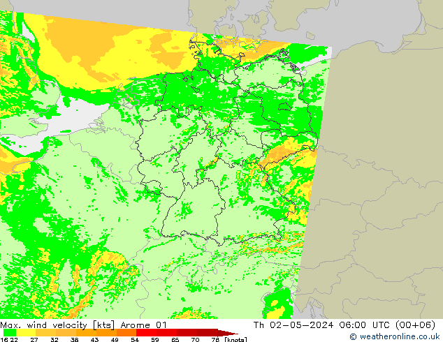 Max. wind velocity Arome 01 jue 02.05.2024 06 UTC