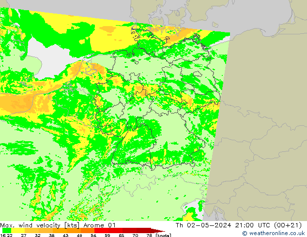 Max. wind velocity Arome 01 чт 02.05.2024 21 UTC