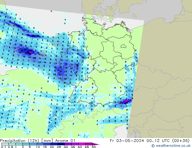 Totale neerslag (12h) Arome 01 vr 03.05.2024 12 UTC