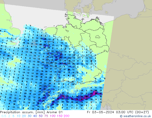 Precipitation accum. Arome 01 Fr 03.05.2024 03 UTC
