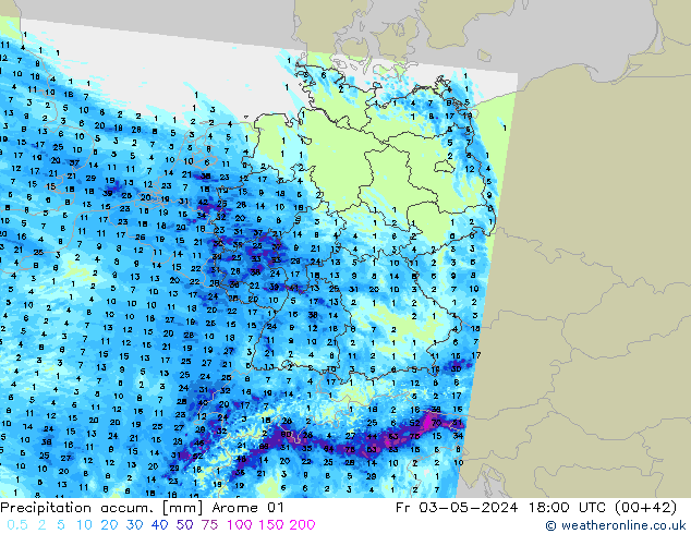 Precipitation accum. Arome 01 Fr 03.05.2024 18 UTC