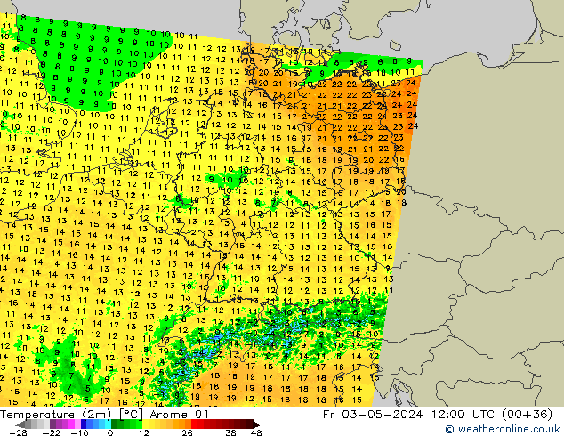 Temperature (2m) Arome 01 Fr 03.05.2024 12 UTC