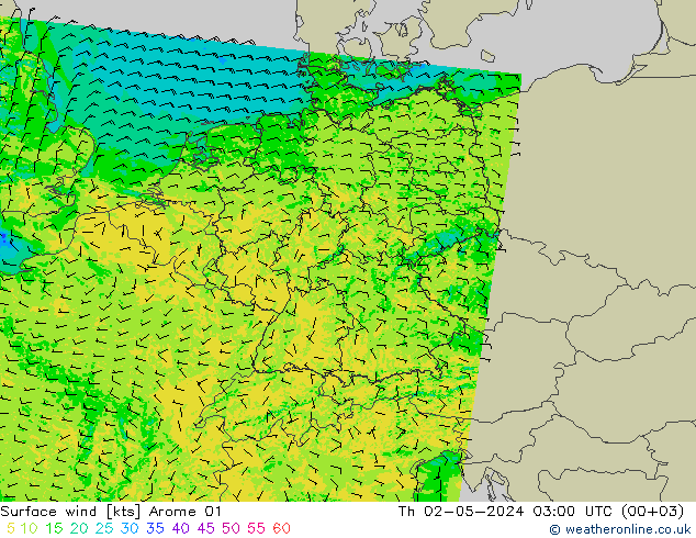 风 10 米 Arome 01 星期四 02.05.2024 03 UTC
