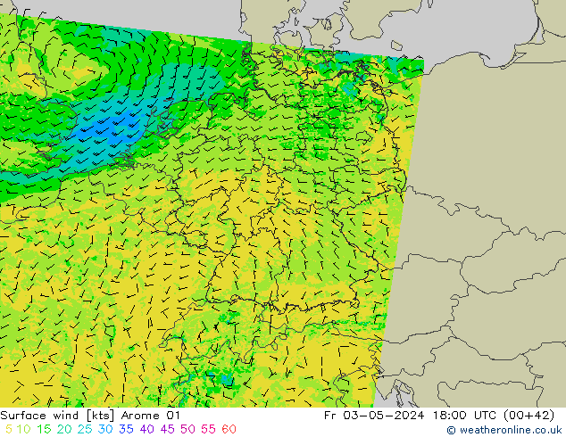 Wind 10 m Arome 01 vr 03.05.2024 18 UTC