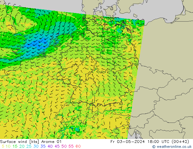 Vent 10 m Arome 01 ven 03.05.2024 18 UTC