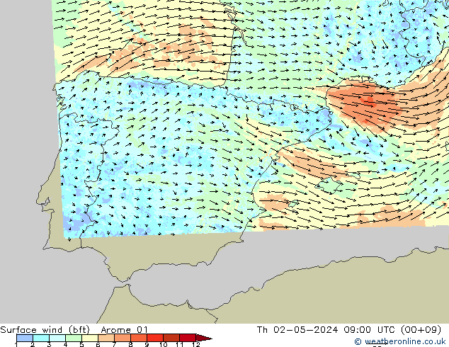 Surface wind (bft) Arome 01 Th 02.05.2024 09 UTC