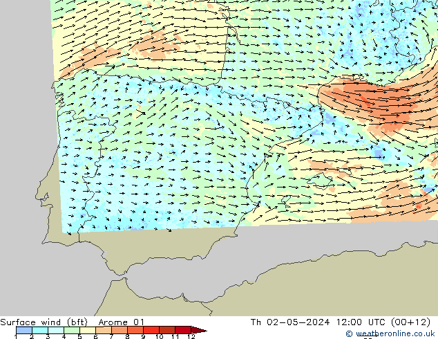 Surface wind (bft) Arome 01 Th 02.05.2024 12 UTC