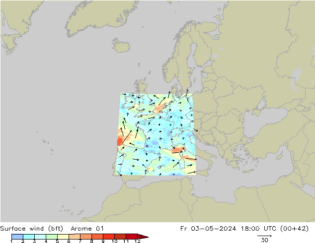 Wind 10 m (bft) Arome 01 vr 03.05.2024 18 UTC