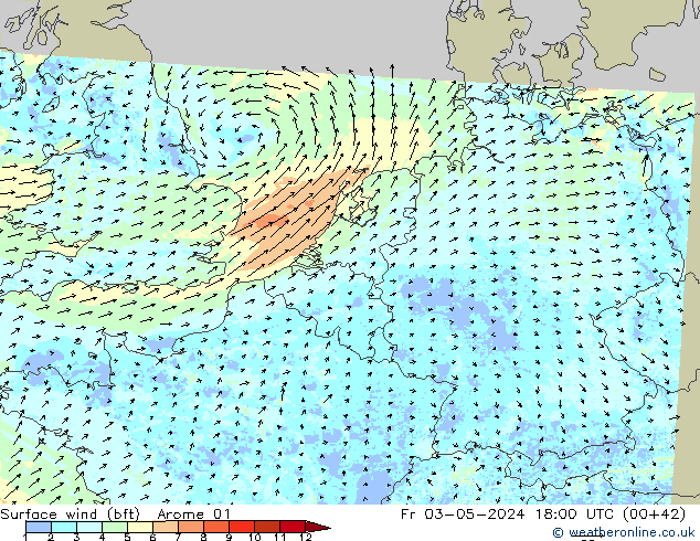 Surface wind (bft) Arome 01 Fr 03.05.2024 18 UTC